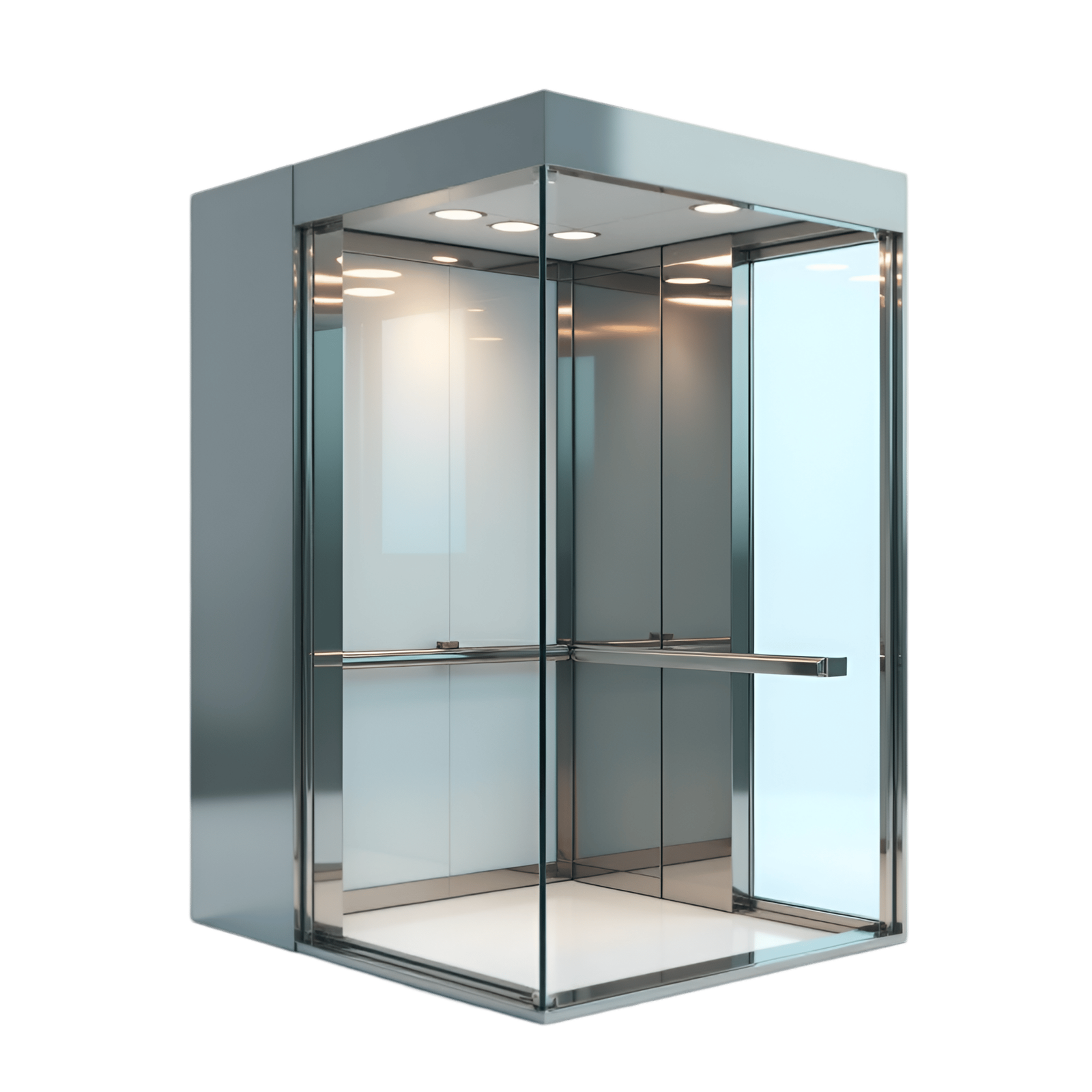 A modern glass elevator in a bright lobby